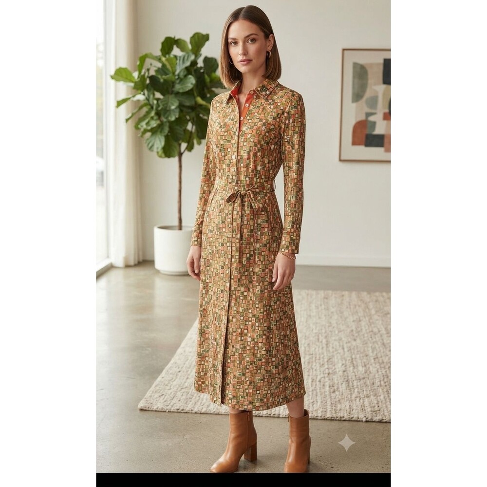 Vintage Leon Levin 70s Geometric Retro Mod Earth Tone Shirt Dress Orange Green L
